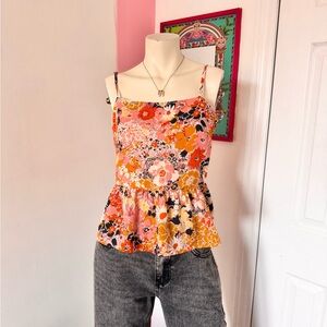 Lush Orange/Pink Multicolour Floral Pattern Flowy Sleeveless Babydoll Top